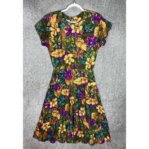 VTG Luci Fellini Midi Dress Womens Sz 12 Floral Leaf Rayon Short Sleeve USA Made